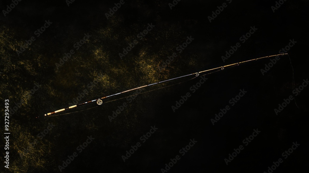 A fishing rod lays on a dark background. A fishing rod lays on a dark background.