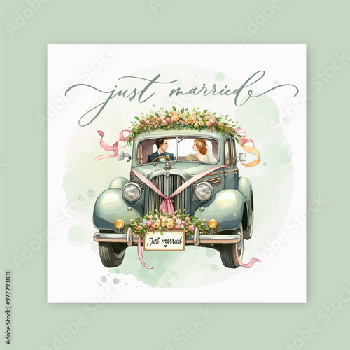 Hand drawn watercolor green retro wedding car.