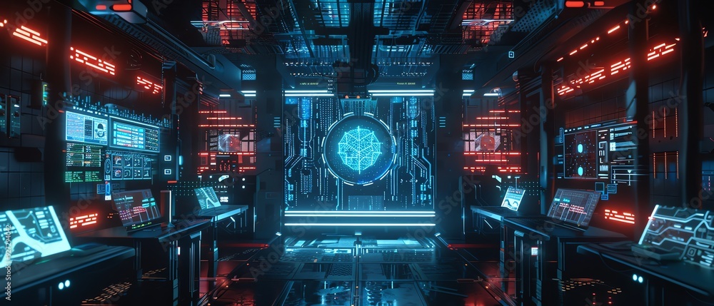 Neural network, virtual reality holograms, futuristic tech setup, dark and neon Neural network, virtual reality holograms, futuristic tech setup, dark and neon