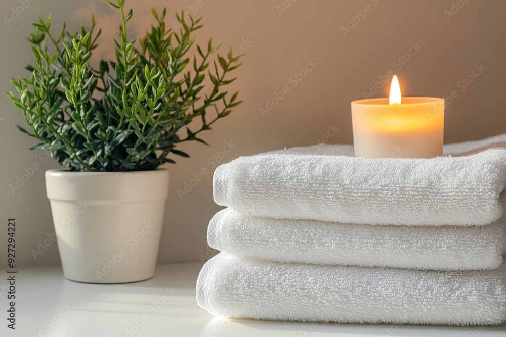 A stack of white towels next to a lit candle and a potted plant on a serene countertop A stack of white towels next to a lit candle and a potted plant on a serene countertop