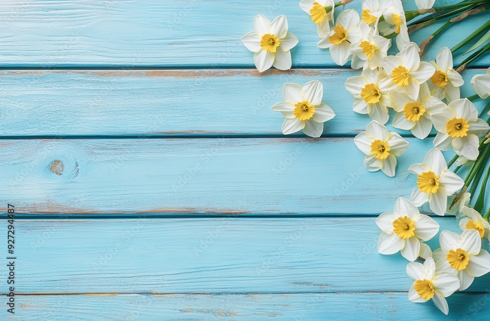 Fototapeta premium Light blue wooden background with daffodils