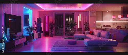 Voiceactivated assistants, immersive AR experience, smart home environment, neon accents