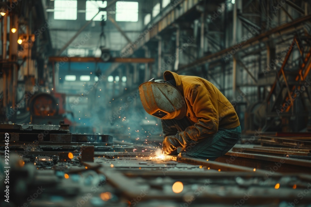 A welder concentrates on metalwork in a bustling workshop, sparks illuminating the space around him A welder concentrates on metalwork in a bustling workshop, sparks illuminating the space around him