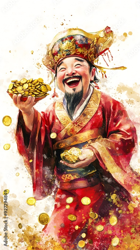 Fototapeta premium Chinese illustration of a laughing god of wealth in a lovely style, holding treasure and surrounded by scattered gold coins.