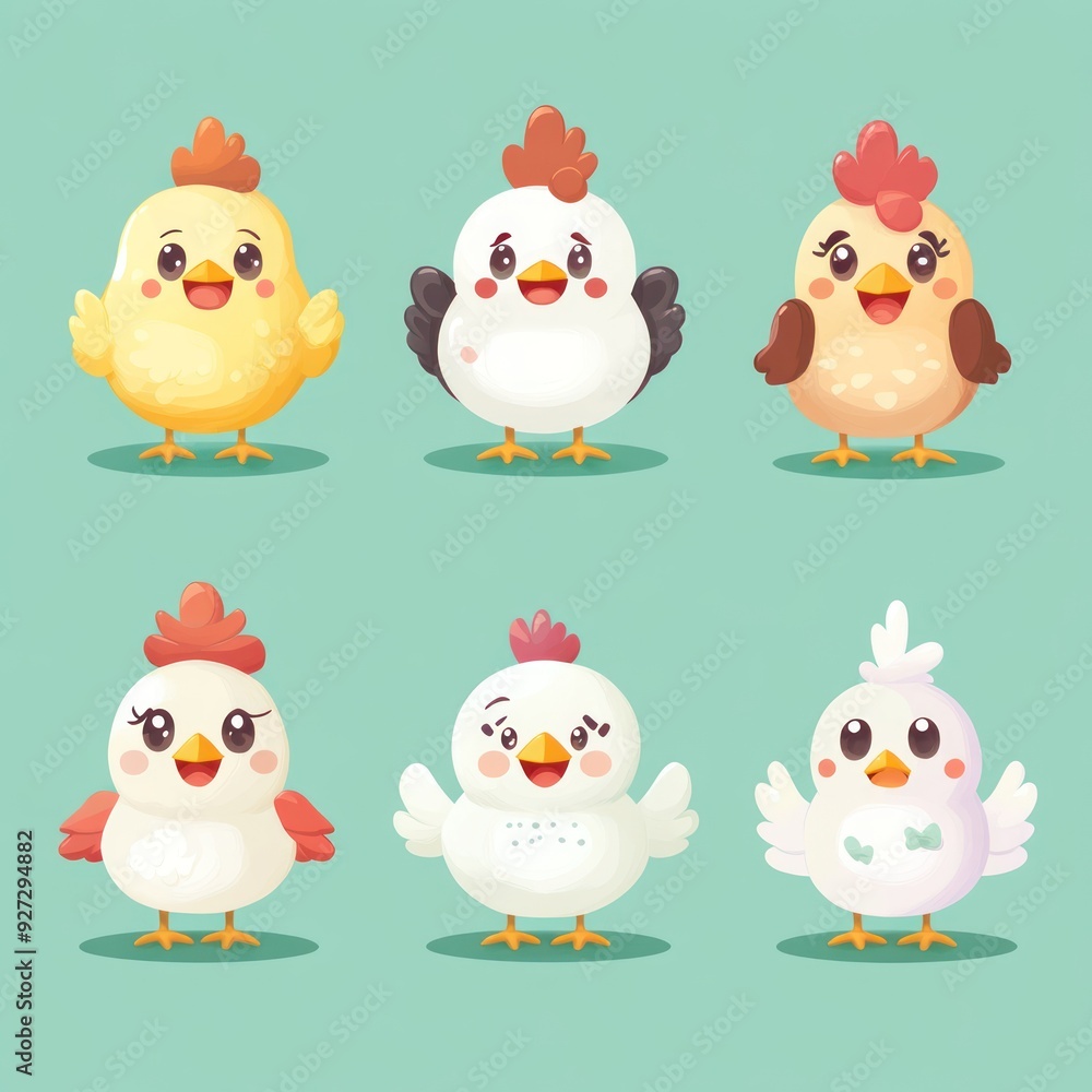 Six cartoon chicks with different colors and expressions, standing on a turquoise background. Six cartoon chicks with different colors and expressions, standing on a turquoise background.