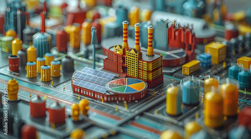 3D Illustration of a Miniature City with a Factory and Solar Panels