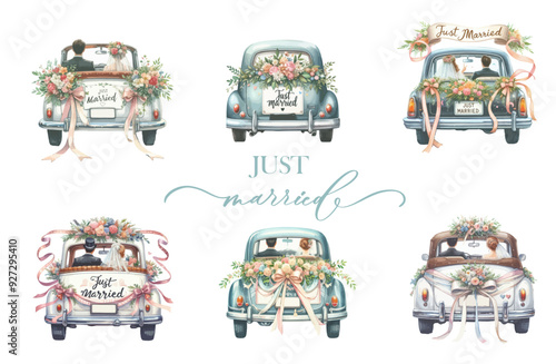 Set of hand drawn watercolor wedding car isolated on white background.