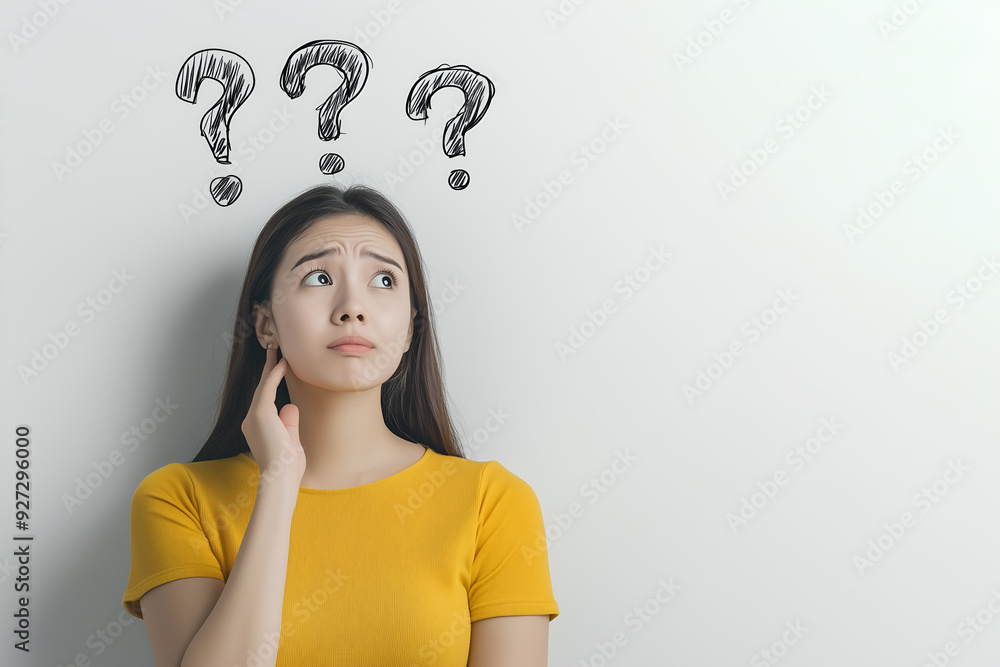 An Asian woman and her head obscured by question marks, suggesting overthinking or confusion An Asian woman and her head obscured by question marks, suggesting overthinking or confusion