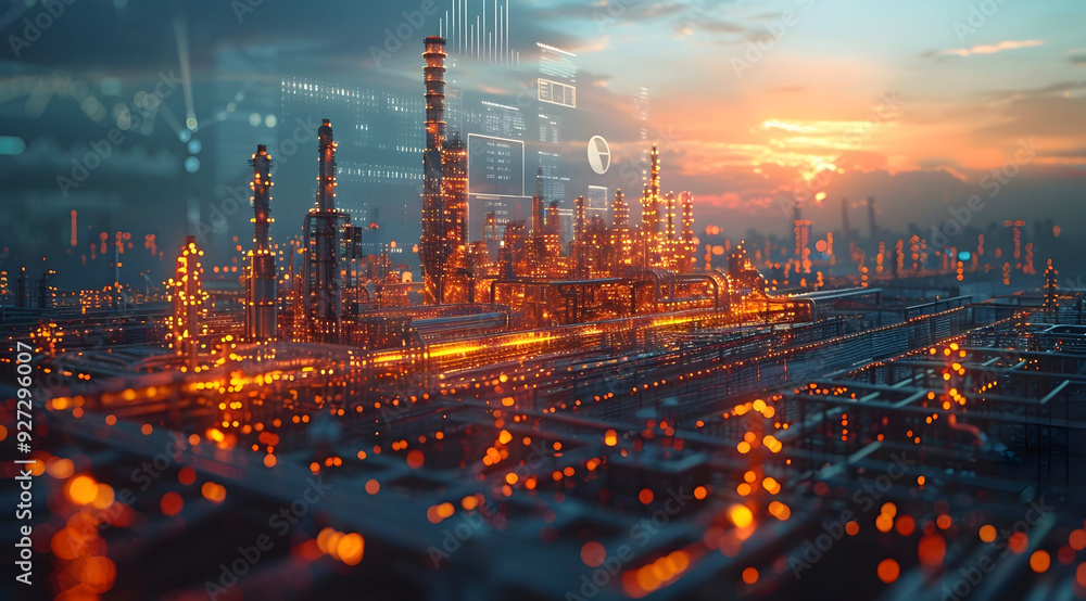 Fototapeta premium Industrial Complex at Sunset - 3D Illustration