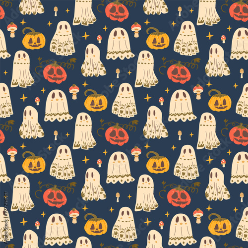 Halloween seamless pattern. Pumpkins, holiday ghosts repeat surface cover. All Hallows' Eve continuous background. Vector hand drawn flat illustration.