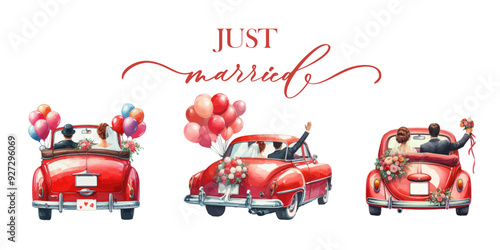 Set of hand drawn watercolor wedding red car isolated on white background.