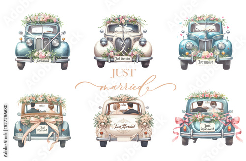 Set of hand drawn watercolor wedding car isolated on white background.