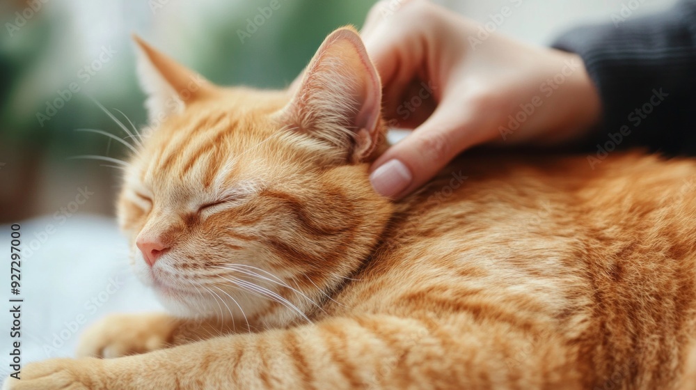 A person gently pets a relaxed orange cat indoors during the afternoon A person gently pets a relaxed orange cat indoors during the afternoon