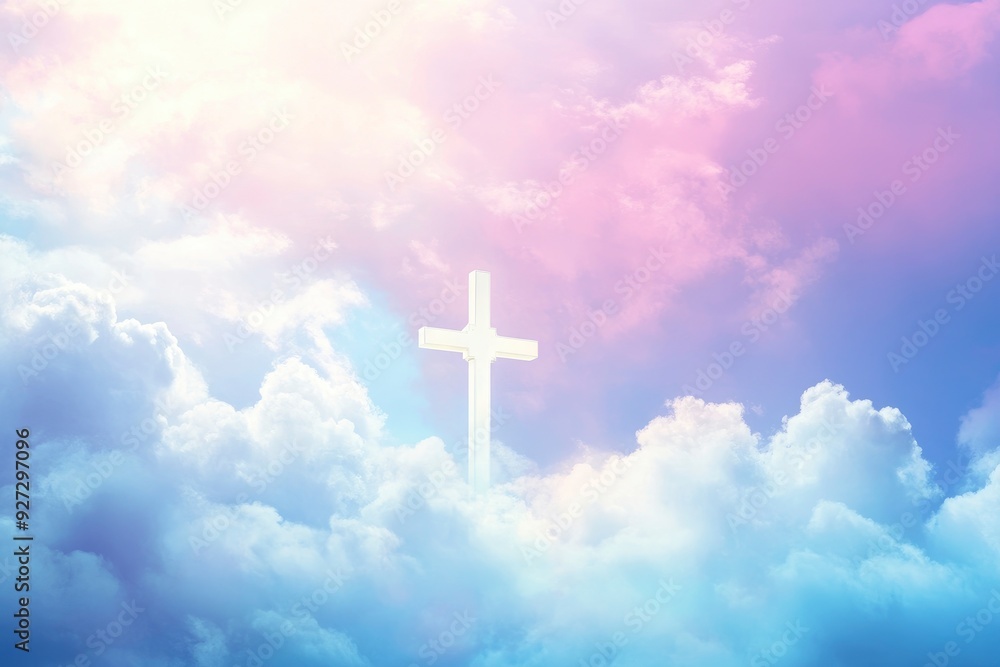 Christian cross appeared bright in the sky with soft fluffy clouds, white, beautiful colors. With the light shining as hope, love and freedom in the sky background , ai Christian cross appeared bright in the sky with soft fluffy clouds, white, beautiful colors. With the light shining as hope, love and freedom in the sky background , ai