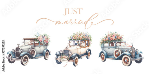 Set of hand drawn watercolor wedding retro car isolated on white background.