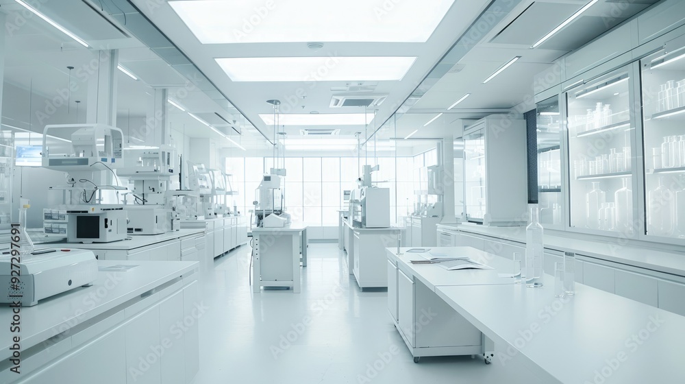 Indoor photo of background scientific laboratory with chromatograph equipment, spectrometry, sterilization, all with a very white tone. with a front angle. no people AI generated Indoor photo of background scientific laboratory with chromatograph equipment, spectrometry, sterilization, all with a very white tone. with a front angle. no people AI generated