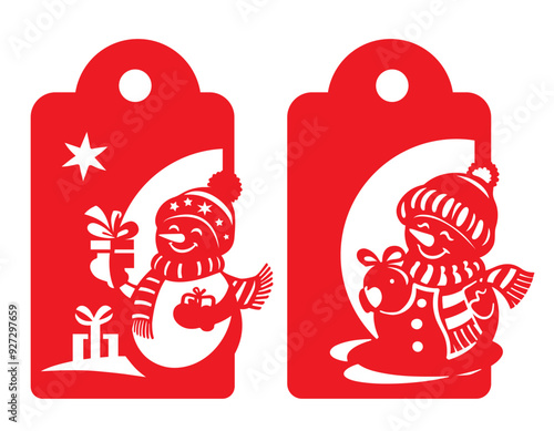 Two tags with cut out design. Snowman with gifts. Cut out file