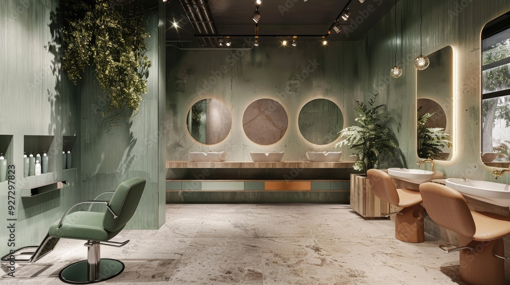 Indoor photo of boho modern design washing section at hairdressers green and beige colors AI generated Indoor photo of boho modern design washing section at hairdressers green and beige colors AI generated