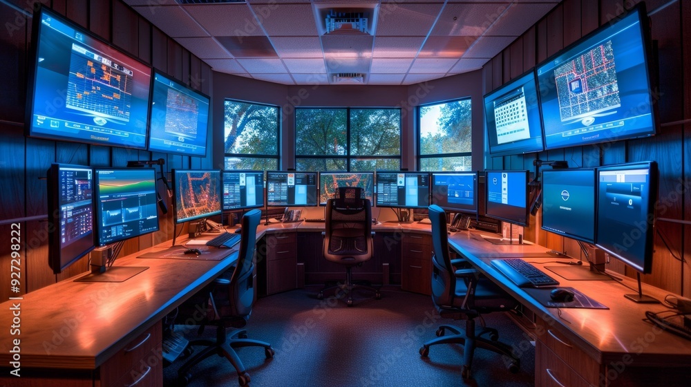 Image shows a technical surveillance control room with desks, computers, and windows for natural light. Blue lighting for low-light conditions conveys isolated, focused work environment. Image shows a technical surveillance control room with desks, computers, and windows for natural light. Blue lighting for low-light conditions conveys isolated, focused work environment.
