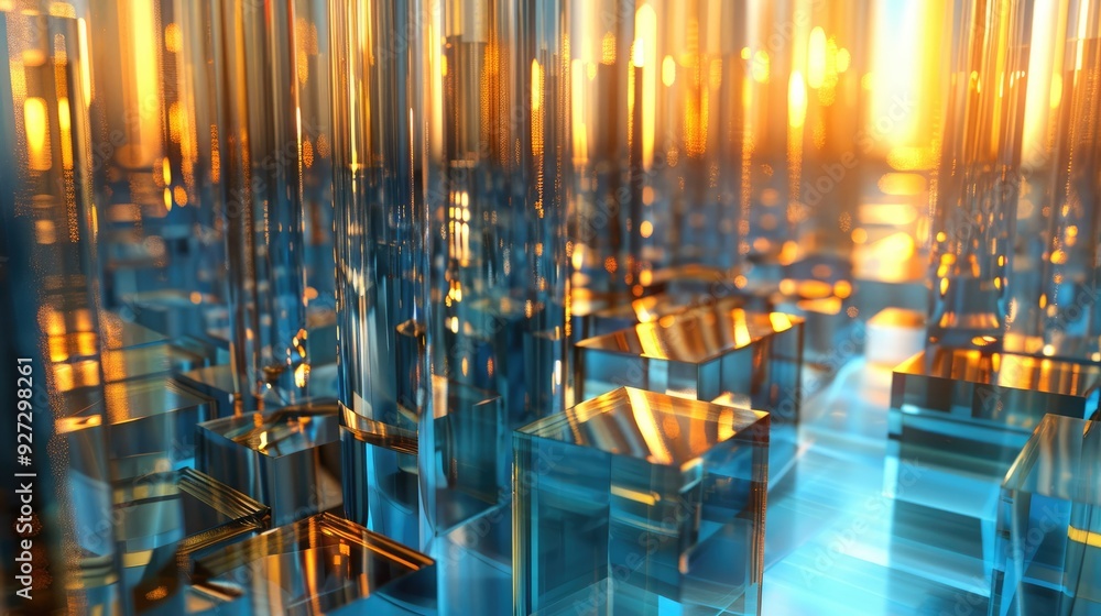 lined up 3D glass blue, gold, organization chart with rays of light mix with city AI generated lined up 3D glass blue, gold, organization chart with rays of light mix with city AI generated
