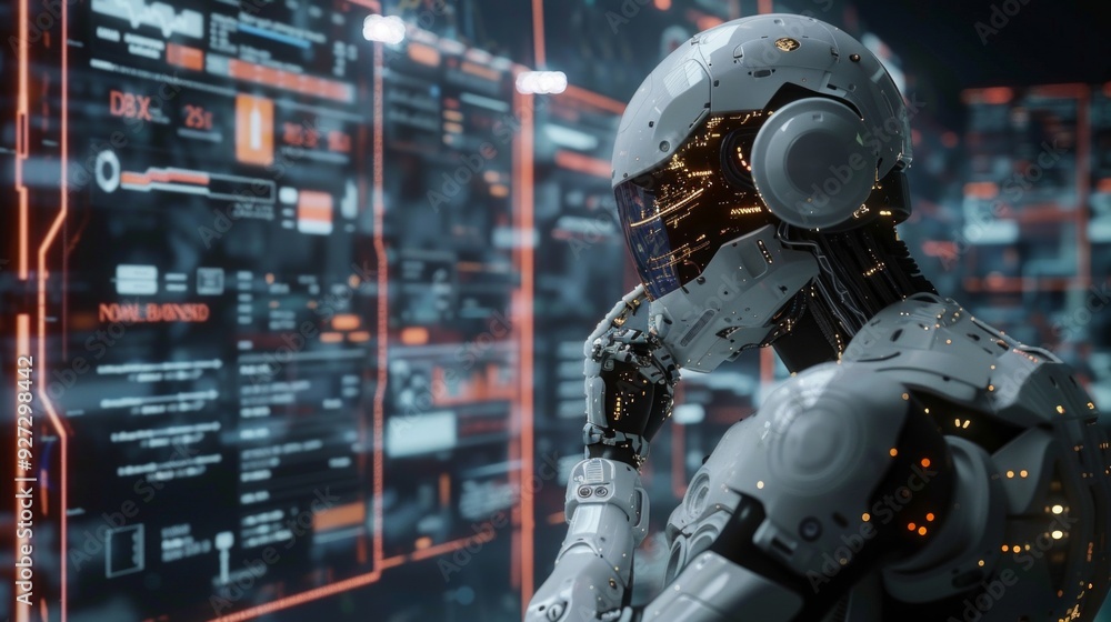 Fototapeta premium Pensive robot against a digital interface with data and code, hand on head and thigh.