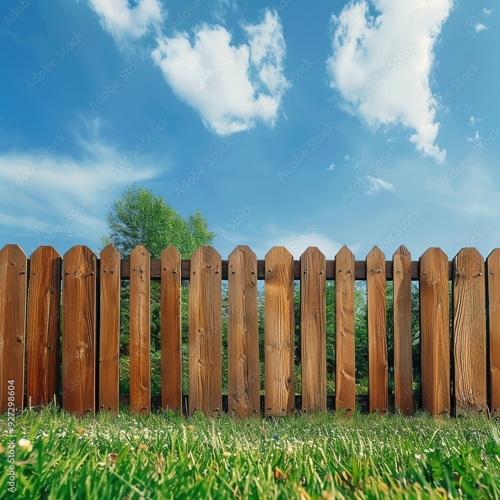 Fototapeta premium A wooden fence against a blue sky and green grass, creating a serene outdoor atmosphere.