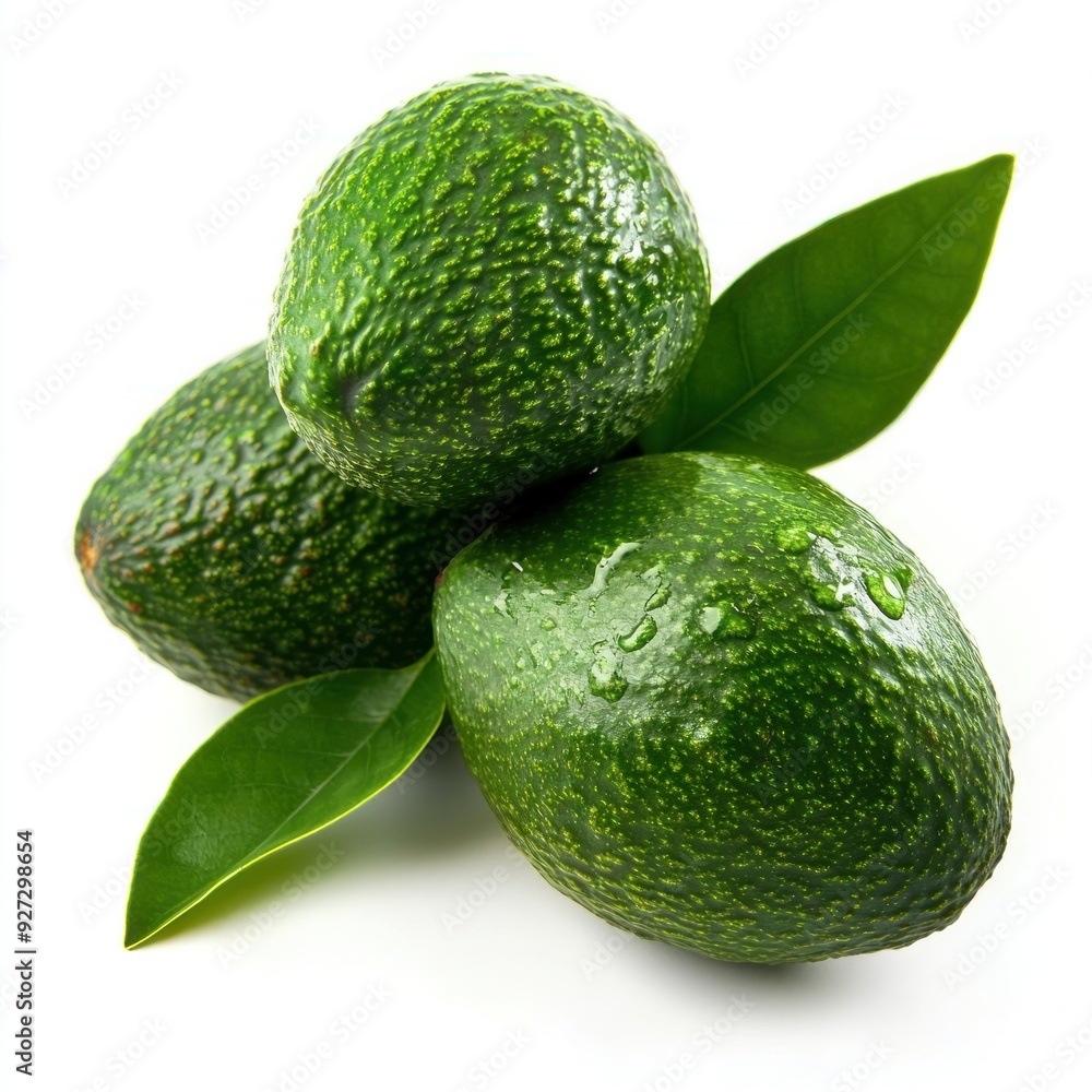 Three fresh green avocados with leaves, isolated on white. Three fresh green avocados with leaves, isolated on white.