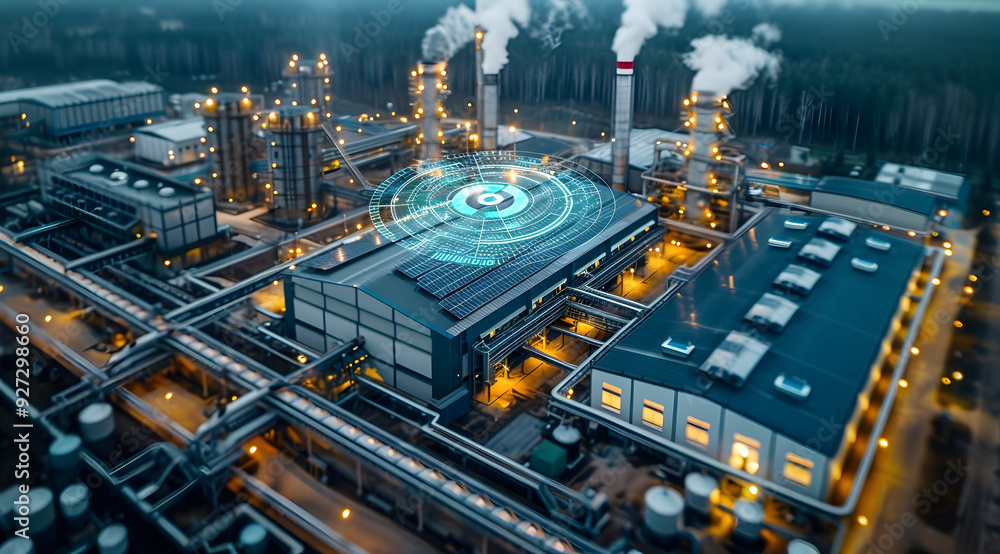Aerial View of Industrial Plant with Futuristic HUD Illustration Aerial View of Industrial Plant with Futuristic HUD Illustration
