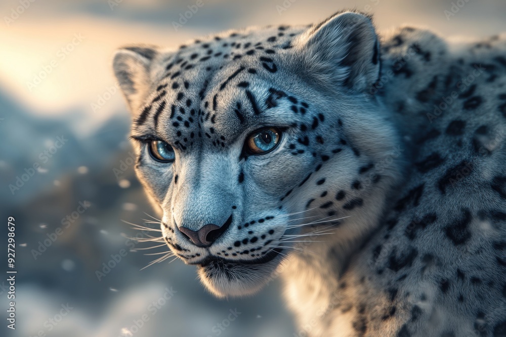 Obraz premium Detailed close-up of a rare snow leopard in a snowy mountainous landscape at dawn