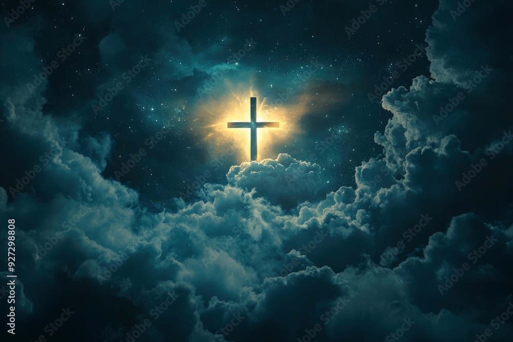 Naklejka premium Concept of christian religion shining cross on the background of cloudy night sky. Dark sky with cross and cloud. Divine shining heaven, light. Religious background , ai