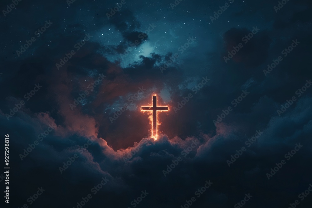 Concept of christian religion shining cross on the background of cloudy night sky. Dark sky with cross and cloud. Divine shining heaven, light. Religious background , ai Concept of christian religion shining cross on the background of cloudy night sky. Dark sky with cross and cloud. Divine shining heaven, light. Religious background , ai