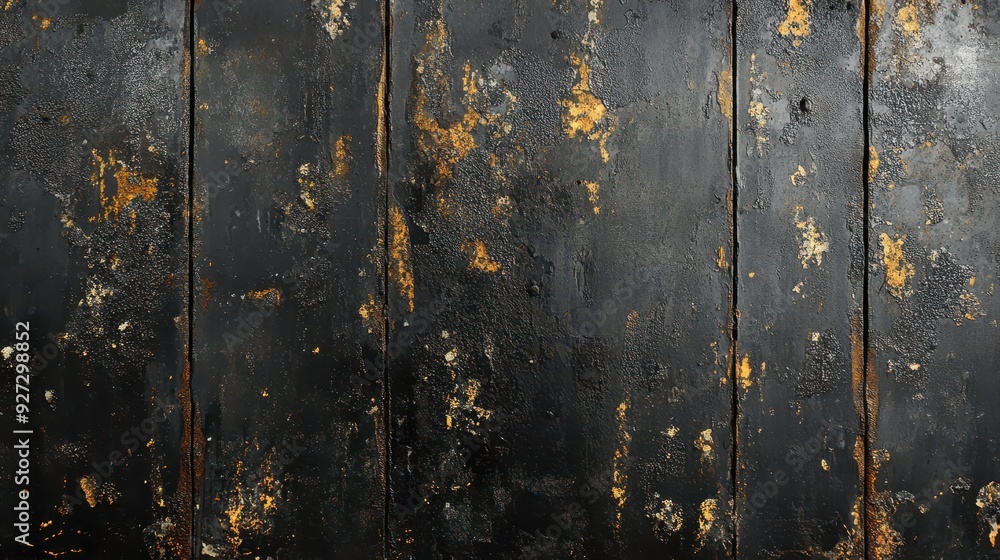 A textured black and gold surface with peeling paint and weathered wood. A textured black and gold surface with peeling paint and weathered wood.