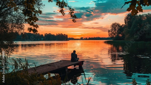 Fototapeta Naklejka Na Ścianę i Meble -  Outdoor photo of peaceful lake scene with someone fishing during sunset . AI generated