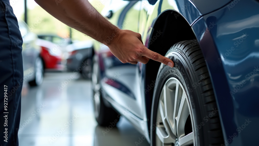 Person Inspecting Car Tire Specifications Close-Up Person Inspecting Car Tire Specifications Close-Up
