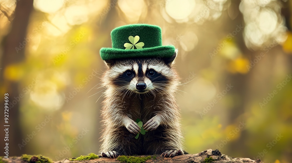 Obraz premium Cute adorable racoon wearing leprechaun St. Patrick green hat 