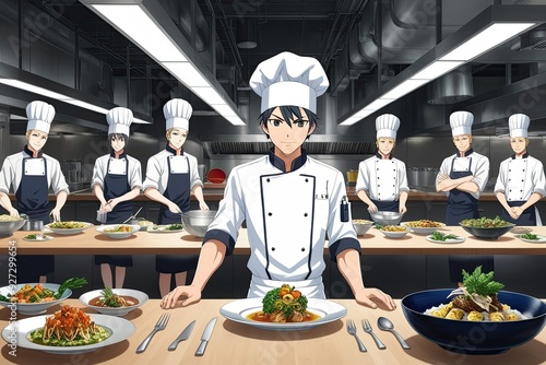 Anime Chef Designing Artistic Dishes in a Busy Culinary Environment