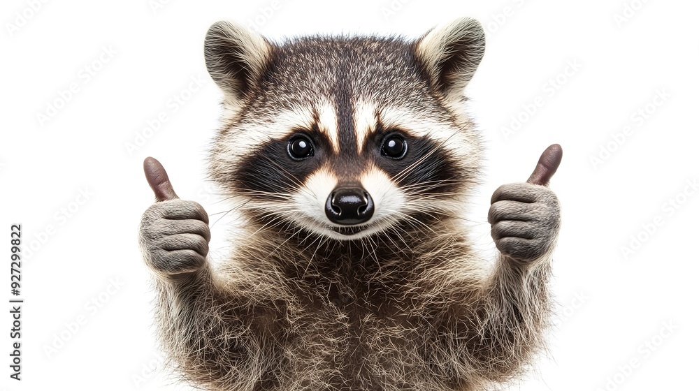 Obraz premium Cheerful raccoon showing hands with thumbs up, isolated on a white background