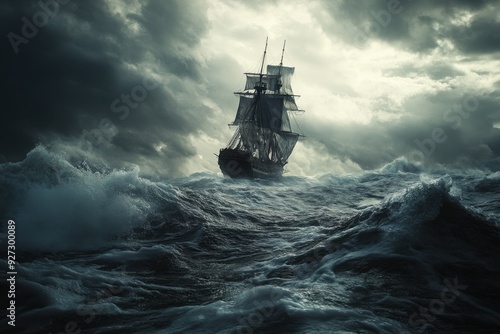 Dynamic pirate ship navigating turbulent seas under stormy skies