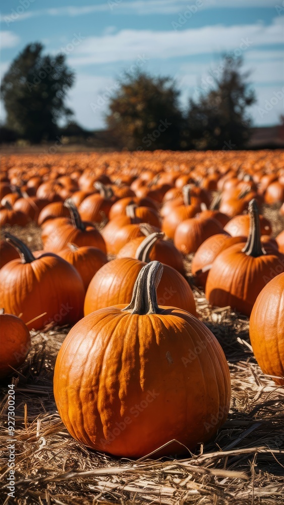 Close-up of a large orange pumpkin in a vast pumpkin patch field under clear blue sky during autumn harvest season, with blurred background showing numerous pumpkins and trees in the distance Close-up of a large orange pumpkin in a vast pumpkin patch field under clear blue sky during autumn harvest season, with blurred background showing numerous pumpkins and trees in the distance