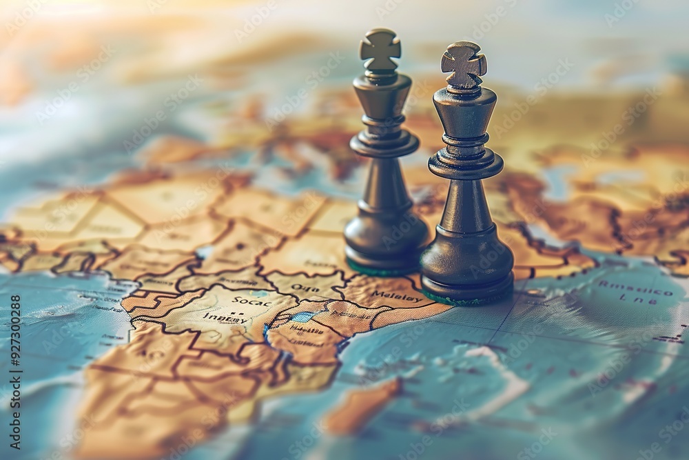 Chess pieces on a map, symbolizing strategy and global connection. Chess pieces on a map, symbolizing strategy and global connection.