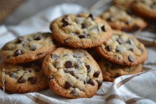 Freshly baked chocolate chip cookies cooling on a rustic kitchen cloth