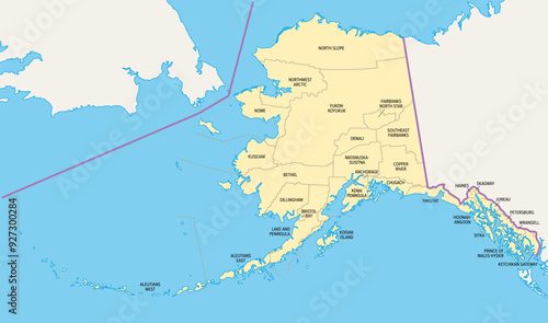 Alaska, U.S. state, political map, subdivided into 19 organized boroughs and 11 census areas. State on the northwest extremity of North America in the Western United States region. The Last Frontier.