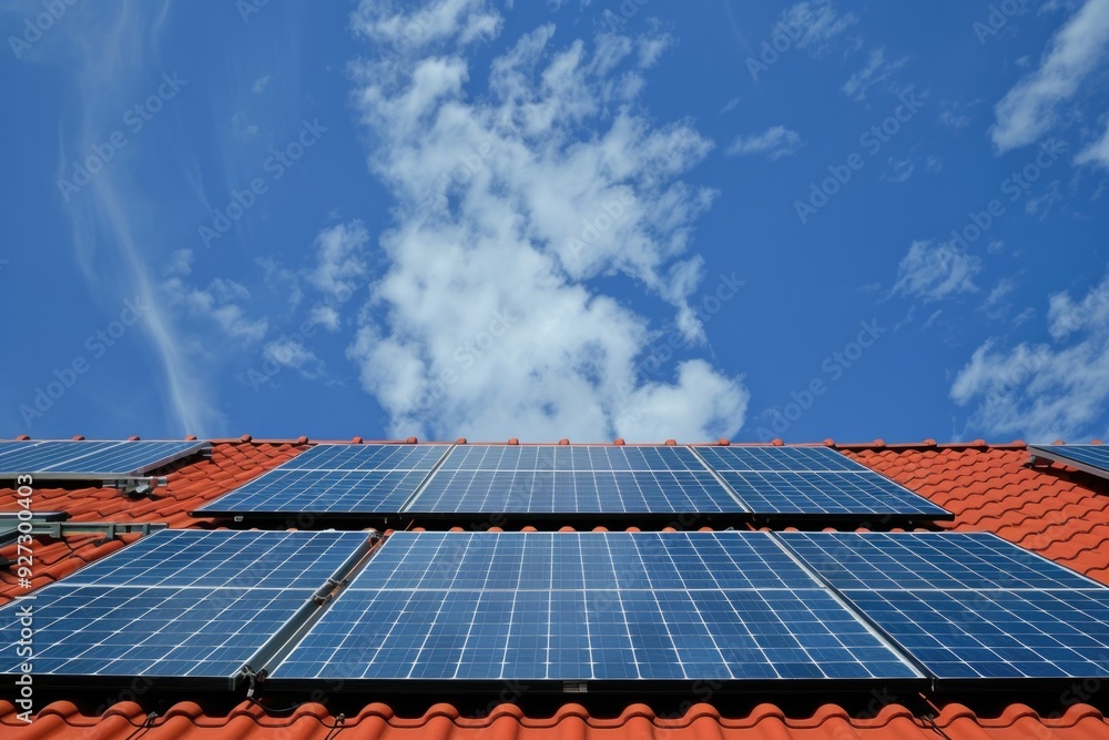 House Energy. Solar Panel on Red Roof, Renewable Power for Alternative Environment House Energy. Solar Panel on Red Roof, Renewable Power for Alternative Environment