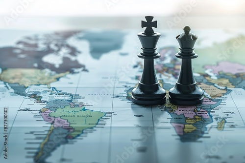 A chess set positioned on a world map, symbolizing strategy and global perspective.