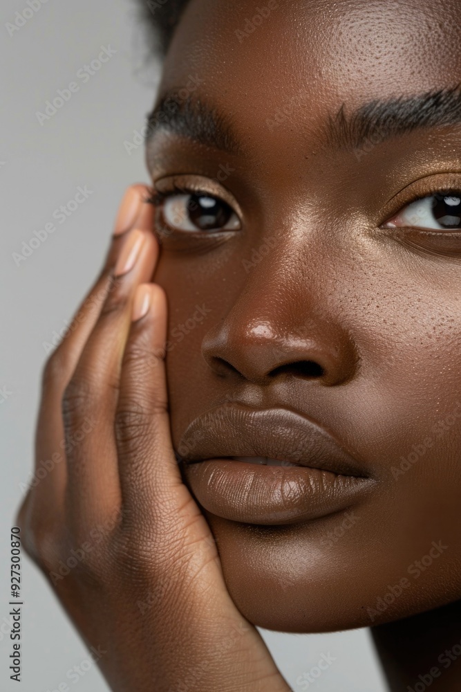 Woman Face Glow. Beauty Portrait of Black Woman with Skincare Glow from Spa Treatment and Makeup Woman Face Glow. Beauty Portrait of Black Woman with Skincare Glow from Spa Treatment and Makeup
