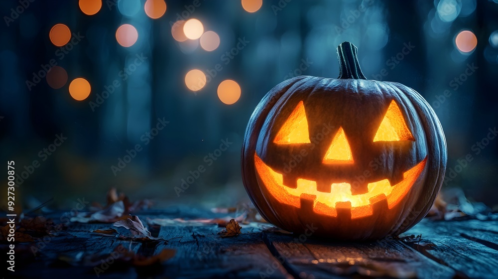 Obraz premium Illuminated Halloween Jack-o-Lantern in Moody Autumn Forest Scene