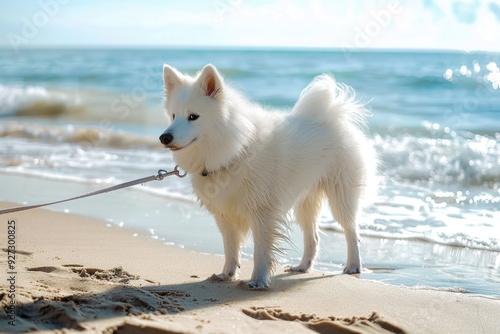 Walk The Dog. Eskimo Dog Enjoying Walk Along Sunny Beach with Blue Water photo