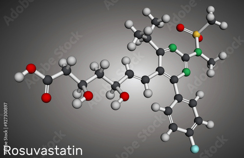 Rosuvastatin molecule. Statin, lipid-lowering drug. Molecular model. 3D rendering photo