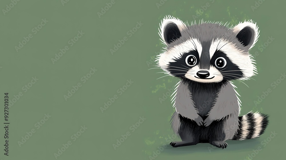 Obraz premium Cute raccoon on a green background 