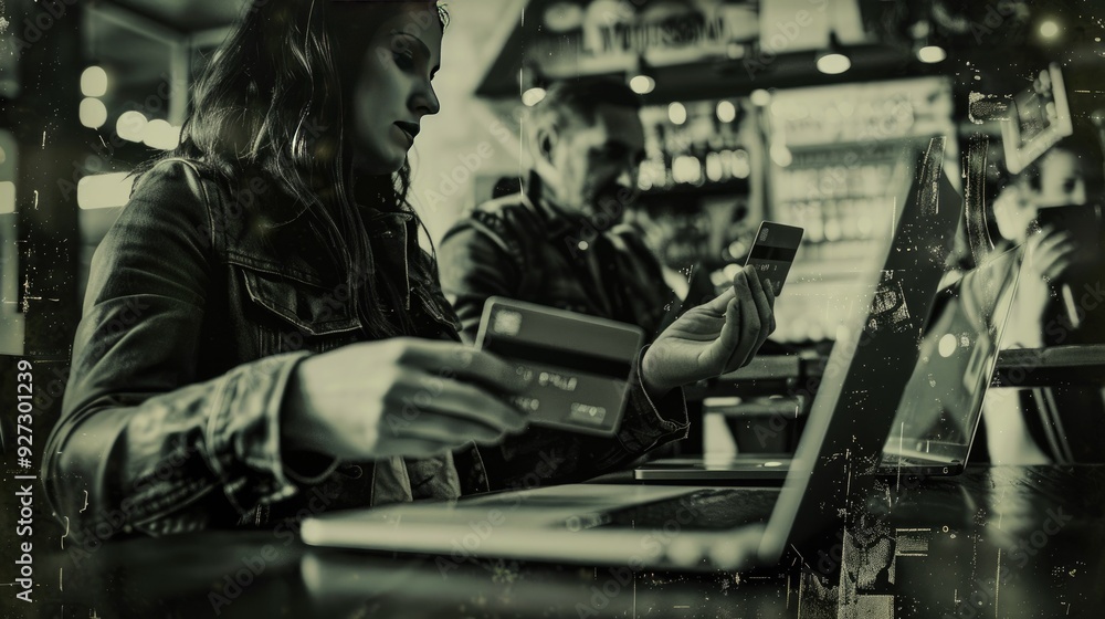 Wet plate photo of business working on the laptop and holding hologram virtual credit card indoor AI generated Wet plate photo of business working on the laptop and holding hologram virtual credit card indoor AI generated